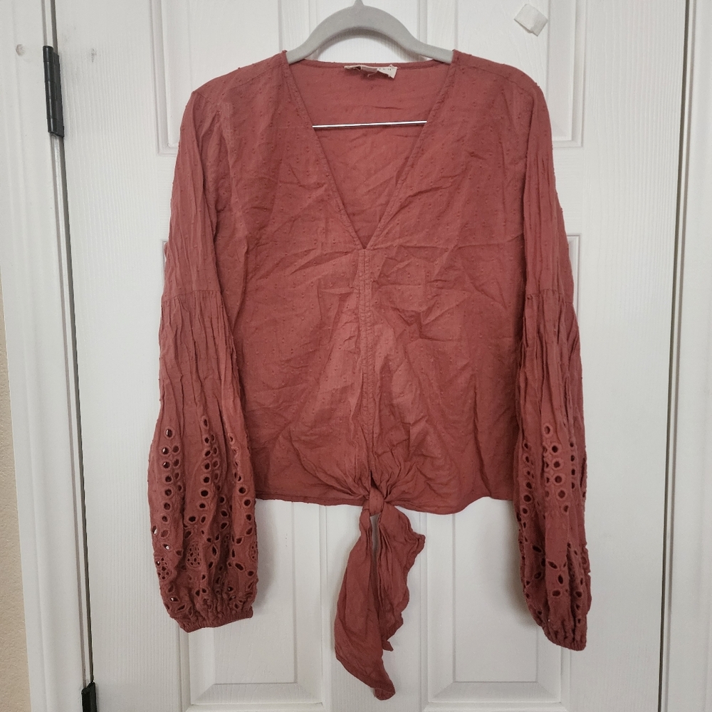 Lovestitch Dusty Rose Boho Eyelet tie top 100% cotton Size Small